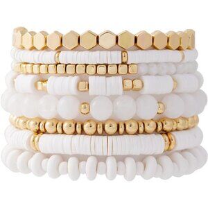 Surfer Heishi Clay Bead Bracelets for Women Bohemian Stackable Gold White Set